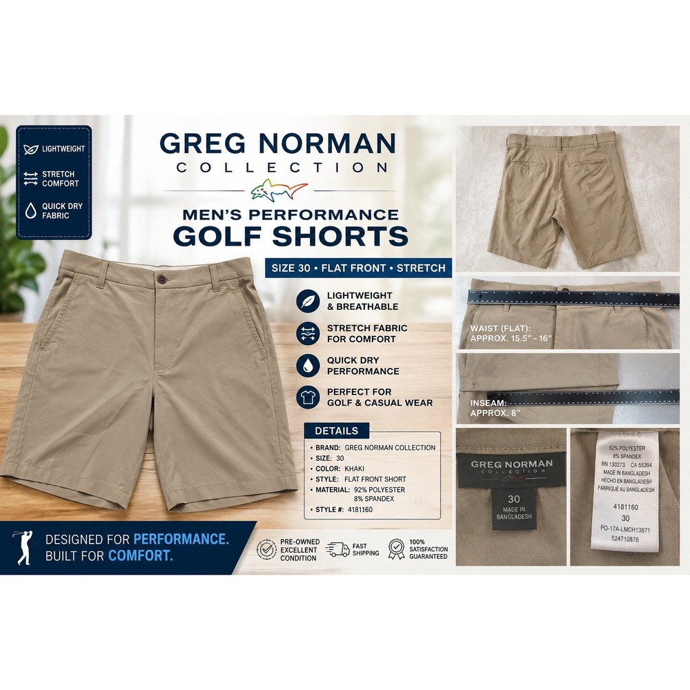 Greg Norman Collection Mens Performance Golf Shorts Khaki Flat Front 30 4181160